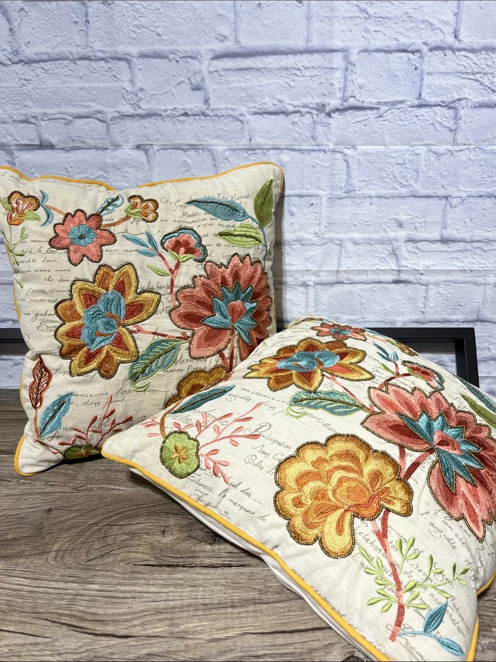 Pier 1 Floral Embroidered Accent Pillow Pair in Orange, Teal & Gold